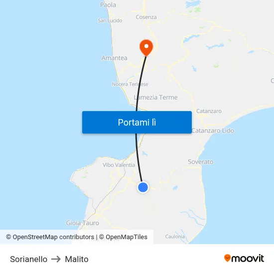 Sorianello to Malito map