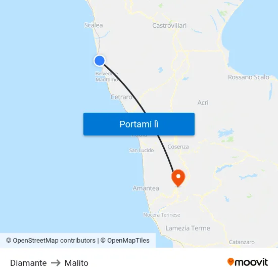 Diamante to Malito map