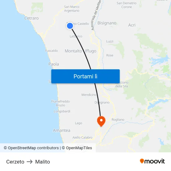 Cerzeto to Malito map