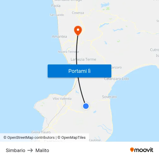 Simbario to Malito map