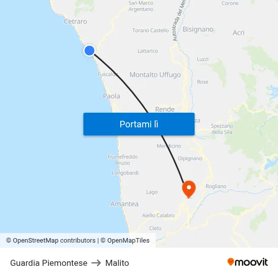 Guardia Piemontese to Malito map