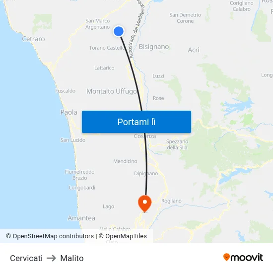 Cervicati to Malito map