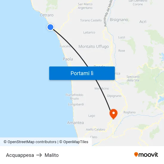 Acquappesa to Malito map