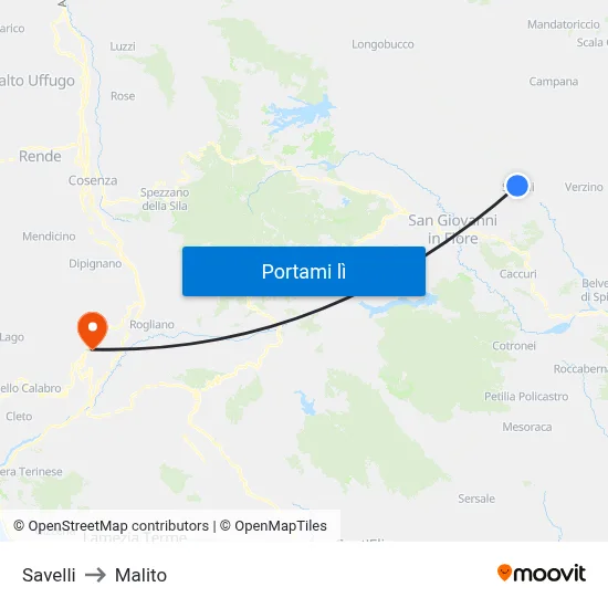 Savelli to Malito map