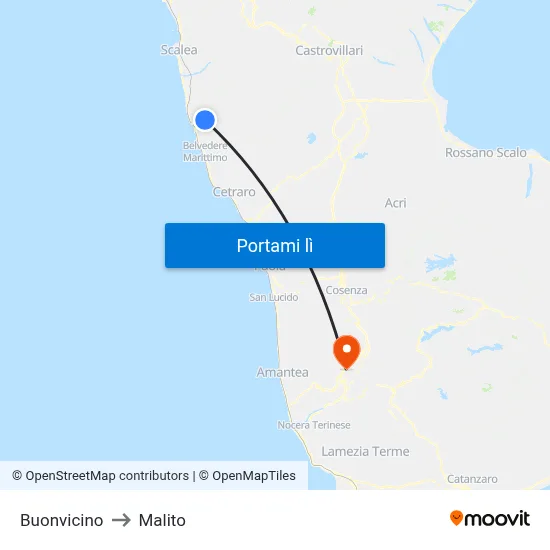 Buonvicino to Malito map