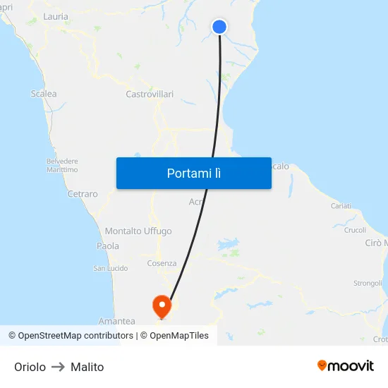Oriolo to Malito map