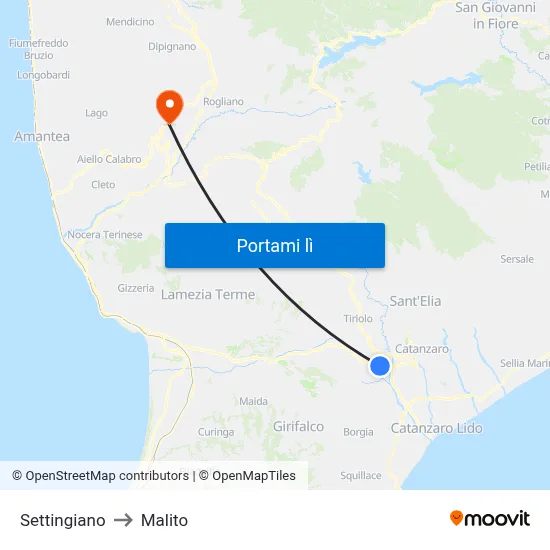 Settingiano to Malito map