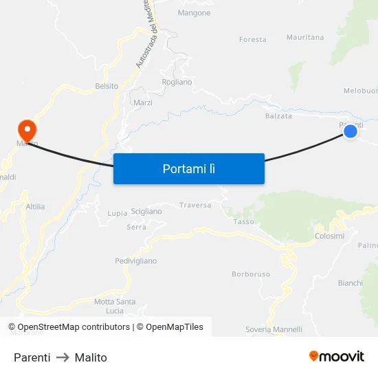 Parenti to Malito map