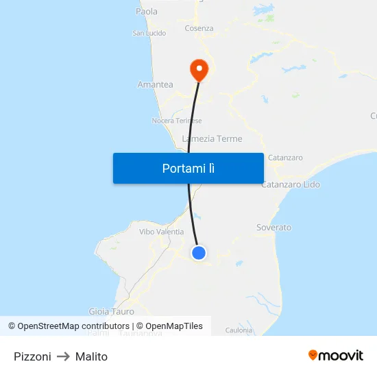 Pizzoni to Malito map