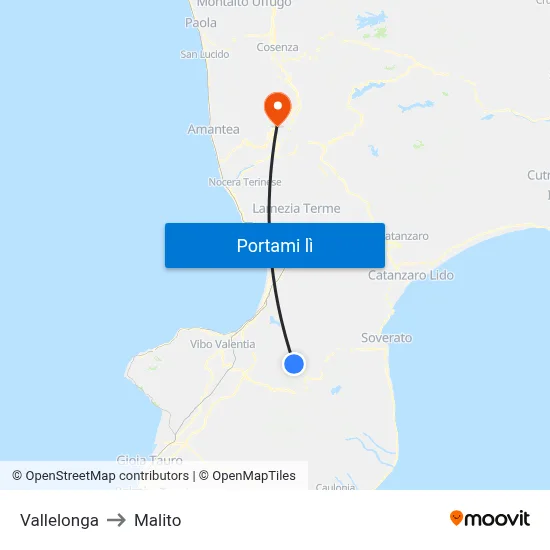 Vallelonga to Malito map