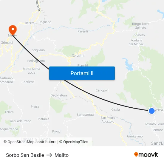 Sorbo San Basile to Malito map