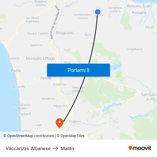 Vaccarizzo Albanese to Malito map