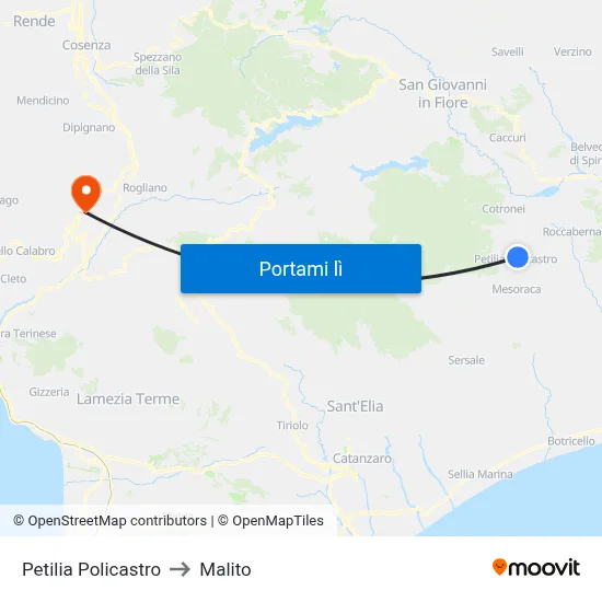 Petilia Policastro to Malito map