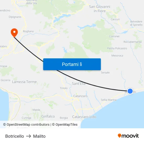 Botricello to Malito map
