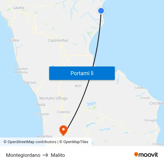 Montegiordano to Malito map