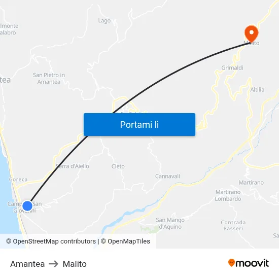 Amantea to Malito map