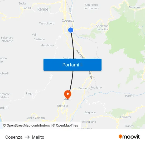 Cosenza to Malito map