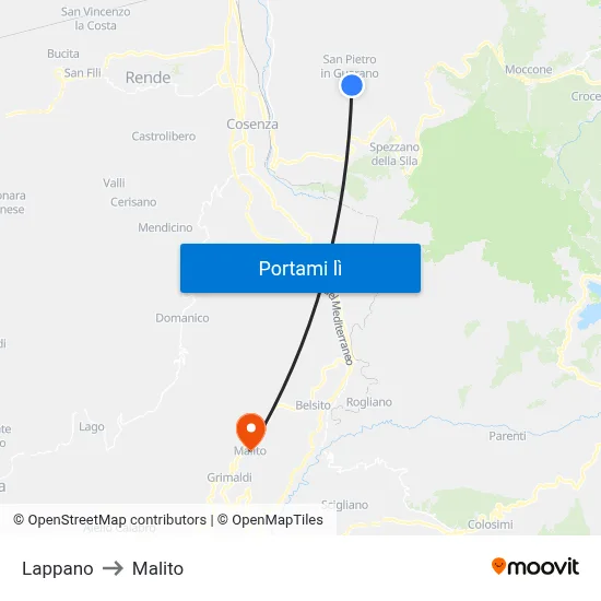 Lappano to Malito map