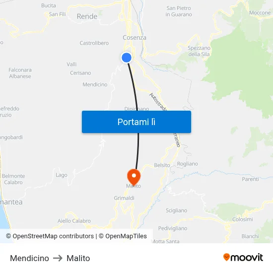 Mendicino to Malito map
