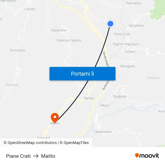 Piane Crati to Malito map