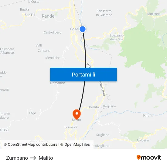 Zumpano to Malito map