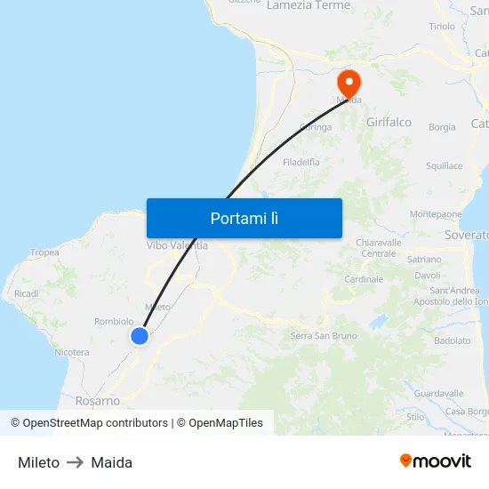 Mileto to Maida map