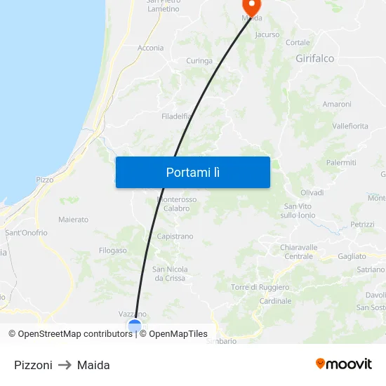 Pizzoni to Maida map