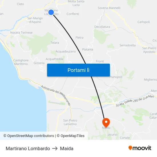 Martirano Lombardo to Maida map