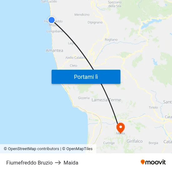 Fiumefreddo Bruzio to Maida map