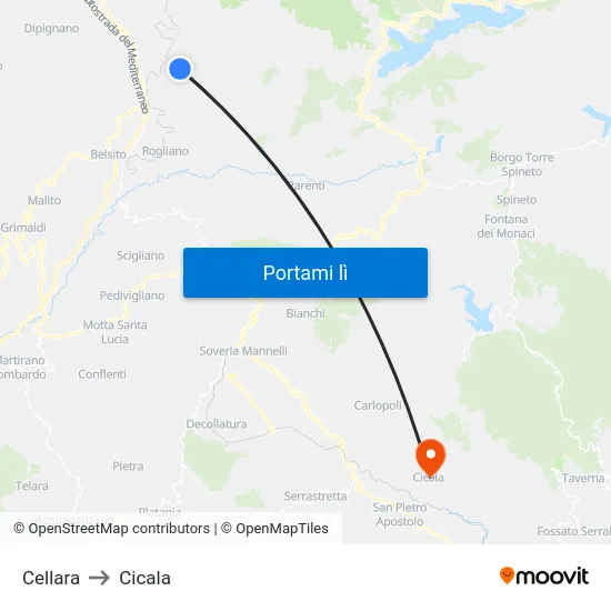 Cellara to Cicala map