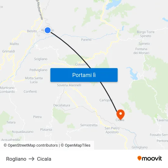 Rogliano to Cicala map
