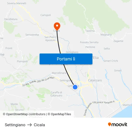 Settingiano to Cicala map