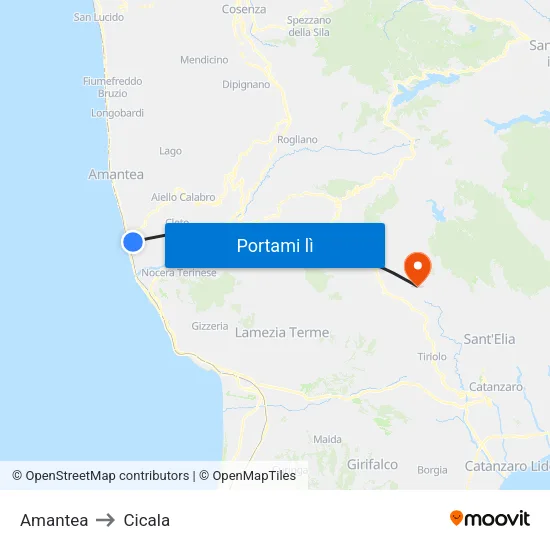 Amantea to Cicala map