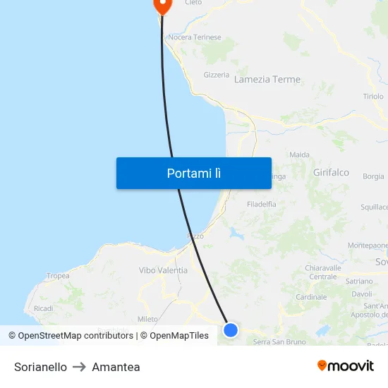 Sorianello to Amantea map