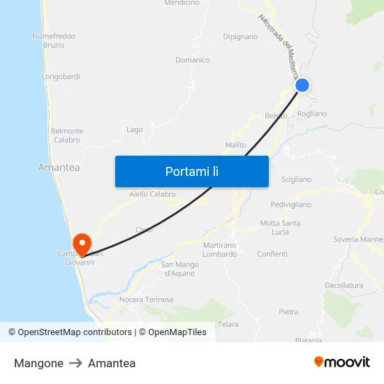 Mangone to Amantea map