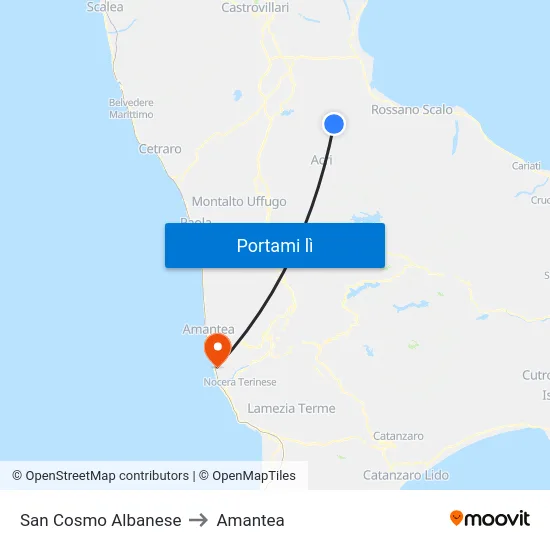 San Cosmo Albanese to Amantea map