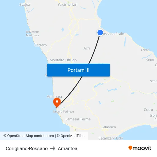 Corigliano-Rossano to Amantea map