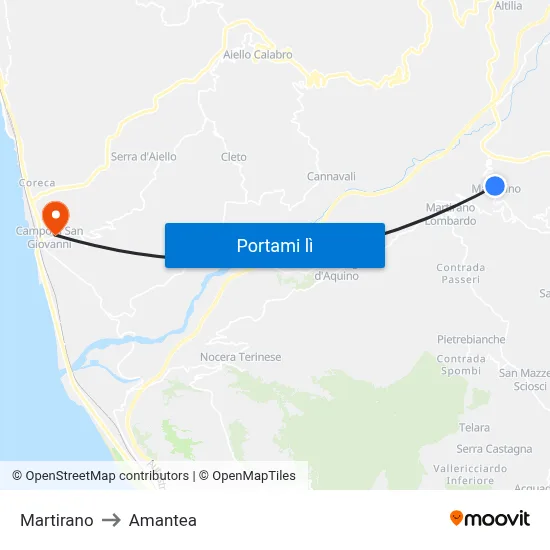 Martirano to Amantea map