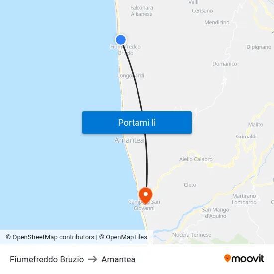 Fiumefreddo Bruzio to Amantea map