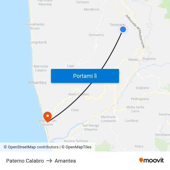 Paterno Calabro to Amantea map