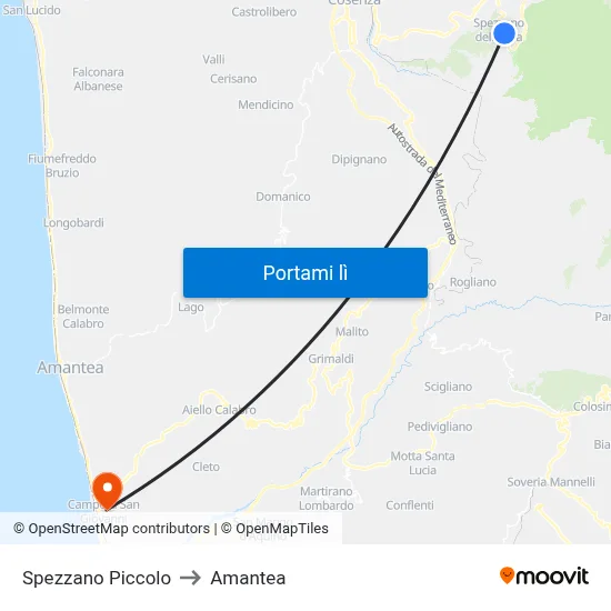 Spezzano Piccolo to Amantea map