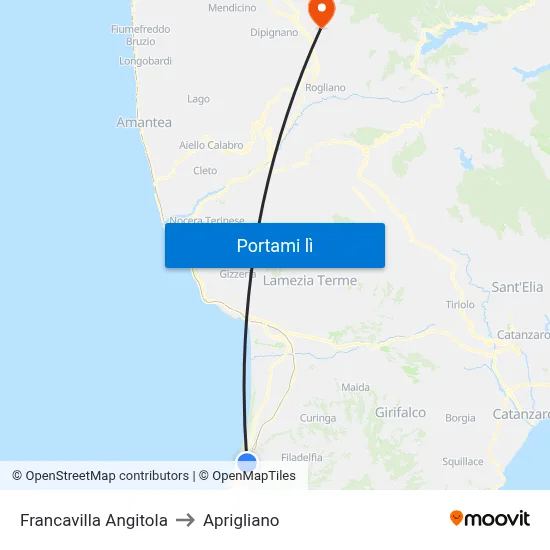 Francavilla Angitola to Aprigliano map