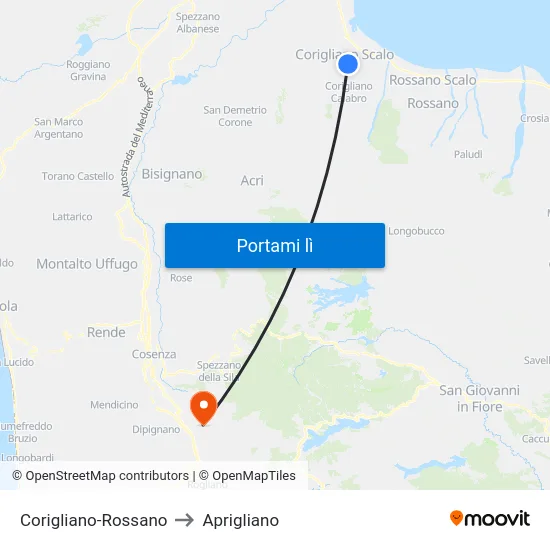 Corigliano-Rossano to Aprigliano map