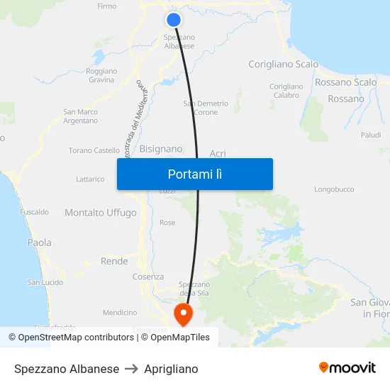 Spezzano Albanese to Aprigliano map