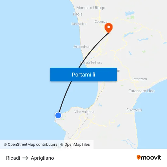 Ricadi to Aprigliano map