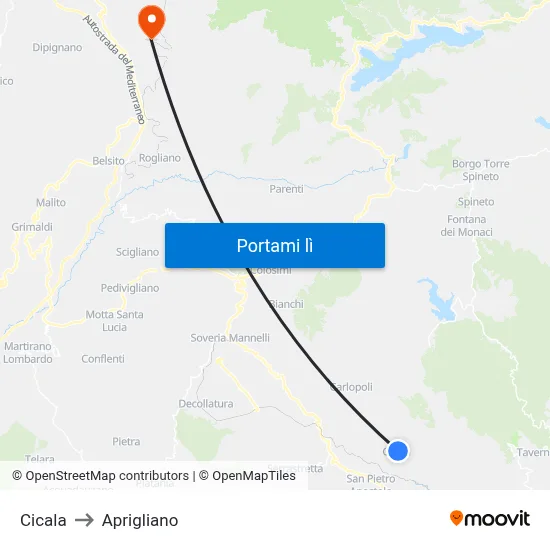 Cicala to Aprigliano map
