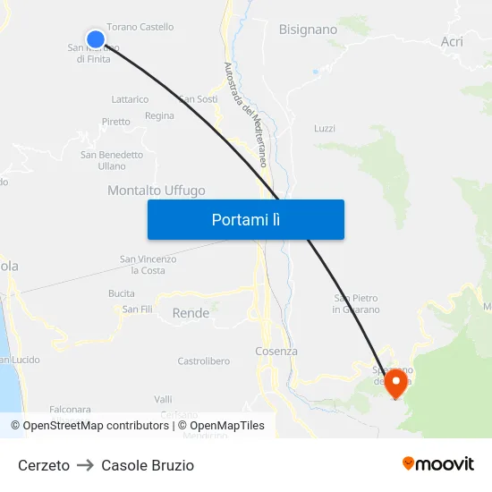 Cerzeto to Casole Bruzio map