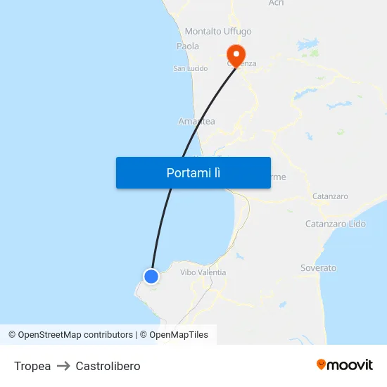 Tropea to Castrolibero map