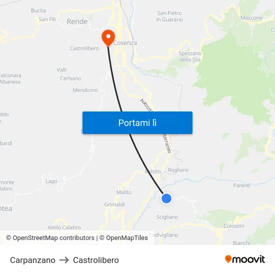 Carpanzano to Castrolibero map