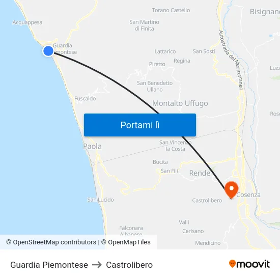 Guardia Piemontese to Castrolibero map